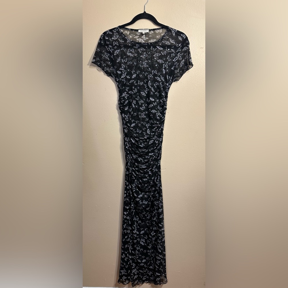 Sheer Butterfly Mesh Ruched Midi Dress, Black & White, Short Sleeve